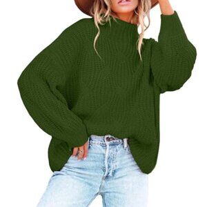 BWQ Womens Ribbed Knit Pullover Sweater 3/4 Sleeve Mock Neck Soft Stretchy Green